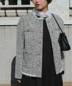 ノーカラージャケット 白黒ツイード