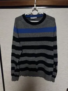 PLUS ONE. グレー/黒/青 ストライプ ニット L
