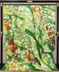 百花繚乱振袖 明るい紺地（正絹）・長襦袢（ポリエステル）ニ点セット 
