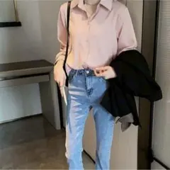 シフォン 長袖シャツ ピンク Lサイズ