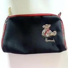 Harrods テディ刺繍 ポーチ ブラック チェック 小物入れ