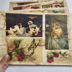 コーヒー染めの紙素材② A4×5枚 可愛い子供や動物 ジャンクジャーナル用