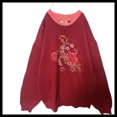 ヴィンテージ　フェイク　花プリント　サイズL レッド