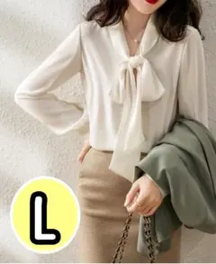 【白/L】ブラウス リボンブラウス トップス 長袖 オフィスカジュアル スーツ