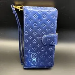 スマホケース　手帳型　ブルー　エナメルタッチ　ストラップつき