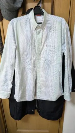 Hush Puppies ボタンダウンシャツ M ホワイト/グリーンストライプ