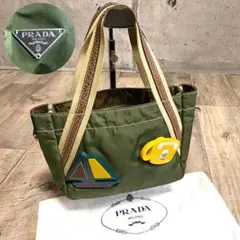 本物☆プラダ チャーム付 ナイロン ハンドバッグ トートバッグ 三角ロゴ カーキ