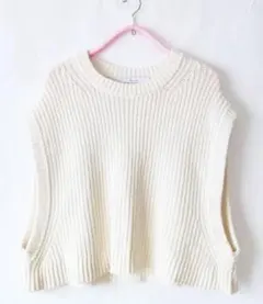 秋冬 フレームワーク綿毛混 コットン ウール 白 ローゲージニットベスト F