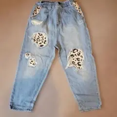 キッズ デニムパンツ ダメージ加工 ヒョウ柄