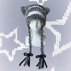 猫耳　ネコ耳　ハンドメイド　ニット帽　編み物　かぎ針編み　グランジ　y2k 韓国