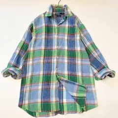 90s ポロバイラルフローレン 麻100% マドラスチェックシャツ 青×緑