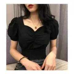 ウエスト シャーリング ブラウス ミニトップス ブラック 黒 パフスリーブ