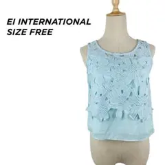 韓国ファッション★水色 花柄レース ノースリーブ ブラウス FREE【96】