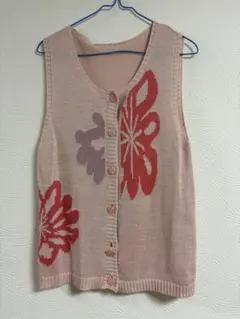 難あり　ジャンク品　花柄ニットベスト　ジレ　ピンク　古着　昭和レトロ　ビンテージ