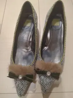 COACH ローヒールパンプス ツイード素材 ファー付き