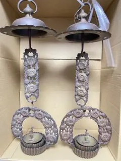 真鍮製 吊灯籠 一対 約40cm 約2kg 菊透かし 鶴文 吊燈籠 仏具 神具 