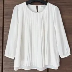 ホワイト プリーツ 七分袖ブラウス