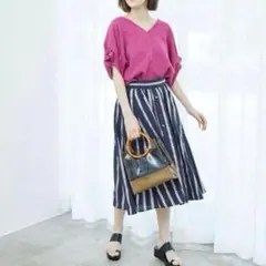 ロペピクニック【M】パープル♡紫♡Vネック♡半袖トップス♡麻調♡ピンク寄り♡通勤のサムネイル