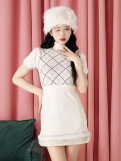 ダーリッチ　チェックファーニットミニワンピース
