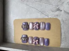 紫色リボンパールネイルチップセット