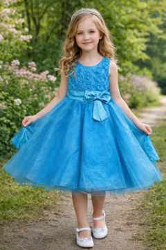 キッズ用 プリンセス風チュールドレス ブルー 発表会　誕生日　リボン　かわいい