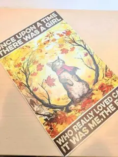 【ラスト1点】ブリキ看板　猫　アート　紅葉　秋　木のトンネル　北欧風　猫雑貨