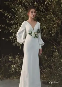 美品】ウェディングドレス　Mサイズ　二次会　前撮り　バルーンスリーブ　Vネック