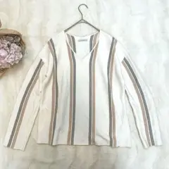 【オーペックドットクリップ】ストライプカットソー　長袖　Sサイズ 　ベージュ