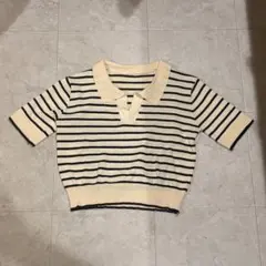 アイボリーと黒のストライプ クロップドポロシャツ