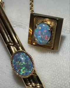 【豪華2点セット】ヴィンテージ オパール ネクタイピン＆タイタック 虹色