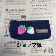 デニムマルチケース②　ピンクのイチゴと白いイチゴのワッペン　ペンケース