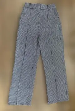 白黒チェック・格子柄　パンツ　M ウエストゴム　サイドポケット付　裾スリット