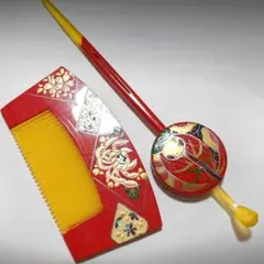 レトロ　昭和　髪飾り　髪留め　アンティーク　日本髪　赤　黄色　螺鈿　かんざし