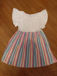 フリル袖 半袖ワンピース ストライプ　130