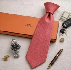美品 HERMES エルメス ネクタイ ピンク H柄 総柄 シルク箱付き