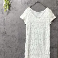 ナチュラルビューティー　総レースカットソー　半袖　チュニック　ホワイト　M 綿