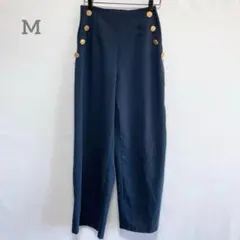 アンドドットノスタルジア　ハイウエスト金ボタン付きスラックス　後ろゴム　ネイビー