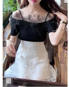 レースオフショルダーニットトップス[dr689]