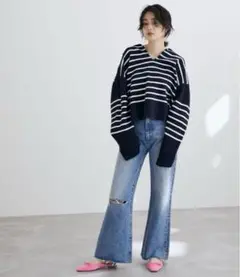 ADAM ET ROPE オープンカラーボーダーニット