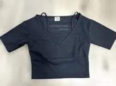 ショート丈 リブTシャツ レイヤード風 一体型タンクトップ M 黒のサムネイル