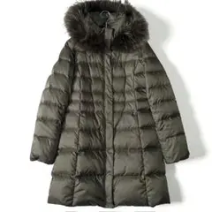 インディヴィ　ラクーンファー＆フード着脱可能　ロング丈ダウンコート38 カーキ