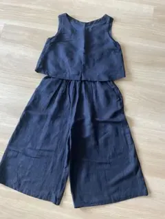 オールインワン　ロンパース サロペットノースリーブワイドパンツ ネイビー リネン