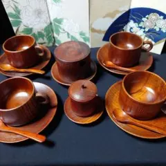 天然木　カップ＆ソーサー　4客　シュガーポット　ミルクポット　計 6点