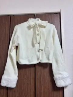 リボン付き ファーカフス リブニット ホワイト