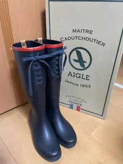 AIGLE ロングブーツ　レインブーツ　紺・赤