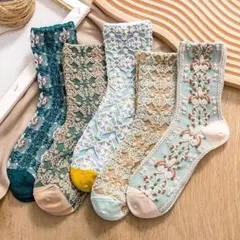 北欧風靴下 ５足セット 刺繍 花柄 ソックス 秋冬 かわいい 韓国 おしゃれ