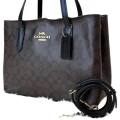 美品 コーチ 2way トートバッグ A4収納可能 シグネチャー ダークブラウン