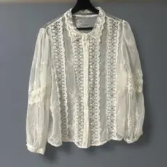 ホワイト レース装飾 長袖シャツ Fサイズ