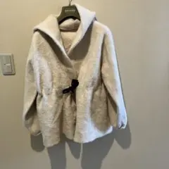 フード付きクリーム薄ピンクモヘヤしっとりパーカーコートフリーサイズ