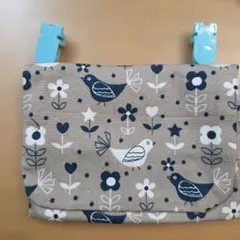 移動ポケット 鳥と花の柄 グレー